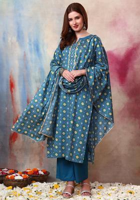 Blue Floral Print Cotton Kurta Set