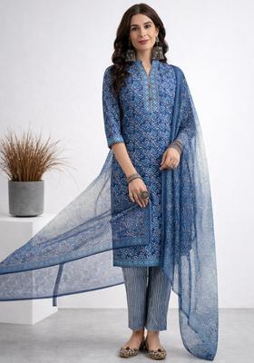 Blue Floral Print Polyester Kurta Set