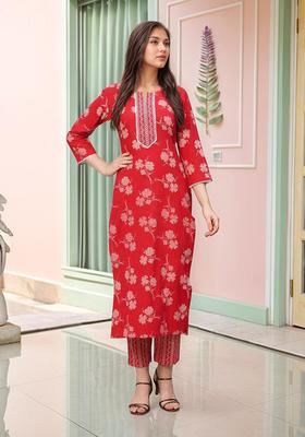 Red Floral Print Rayon Kurta Set