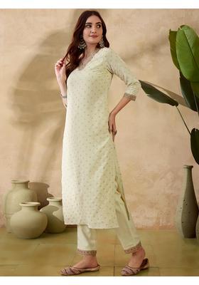 Cream Embroidery Silk Kurta Set