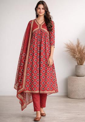 Red Floral Print Polyester Anarkali Set