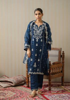 Navy Blue Floral Print Silk Kurta Set