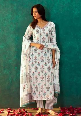 White Printed Cotton Kurta Set
