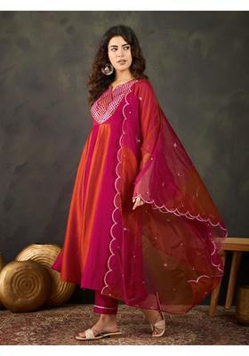 Orange Embroidery Silk Anarkali Set