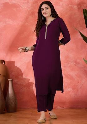 Wine Embroidery Silk Kurta Set