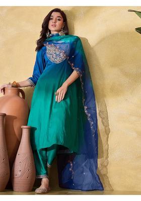 Teal Embroidery Silk Kurta Set