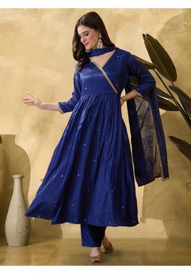 Navy Blue Embroidery Silk Kurta Set