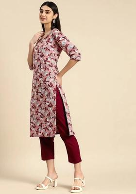 Pink Floral Print Crepe Kurta Set