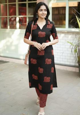 Black Printed Rayon Kurta Set