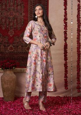 Lavender Floral Print Rayon Kurta Set