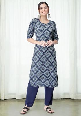 Dusty Teal Floral Print Crepe Kurta Set