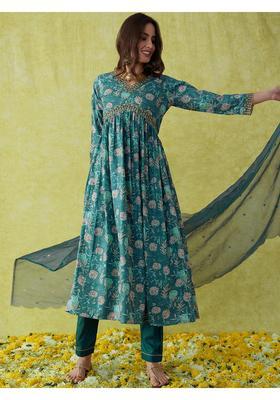 Teal Embroidery Silk Kurta Set