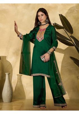 Green Embroidery Silk Palazzo Set