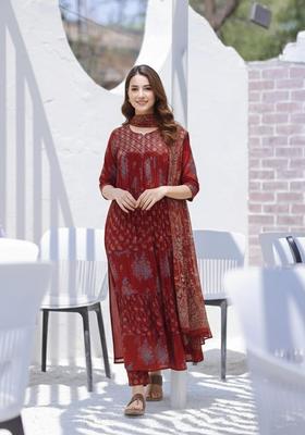 Red Floral Print Rayon Anarkali Set