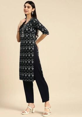 Black Printed Crepe Kurta Set