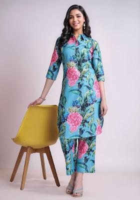 Turquoise Blue Floral Print Cotton Co-Ord Set