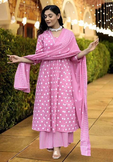 Pink Polka Dots Muslin Anarkali Set — view on Indya