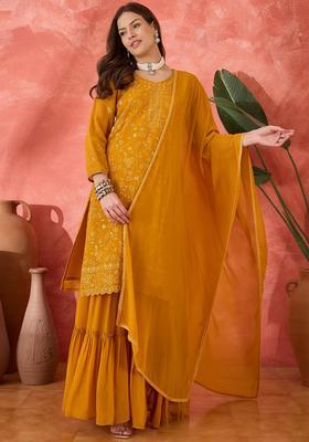 Mustard Embroidery Georgette Sharara Set