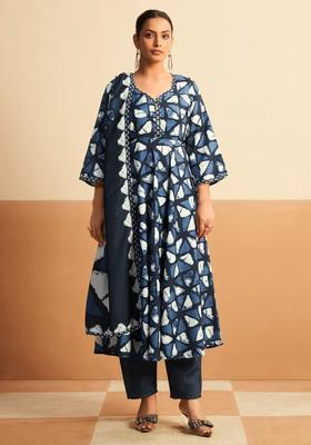 Blue Printed Cotton Anarkali Set