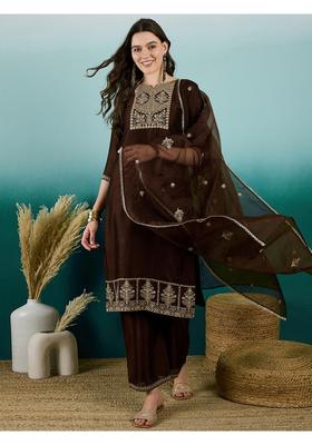 Brown Embroidery Silk Kurta Set