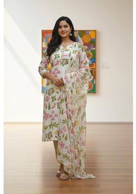 Off White Floral Print Rayon Kurta Set