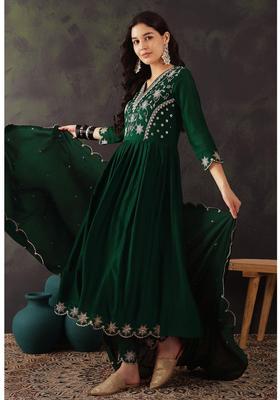 Green Embroidery Silk Anarkali Set
