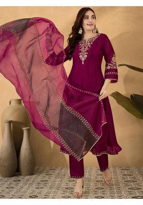 Rani Pink Embroidery Silk Anarkali Set