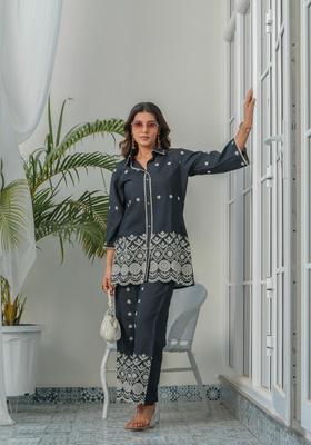 Charcoal Grey Embroidery Silk Co-Ord Set