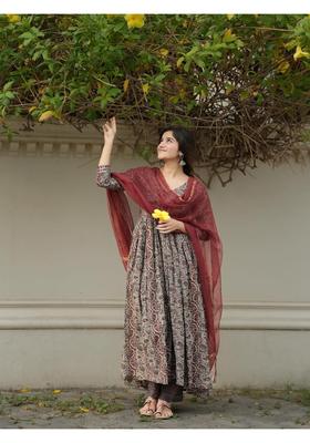 Grey Printed Rayon Anarkali Set