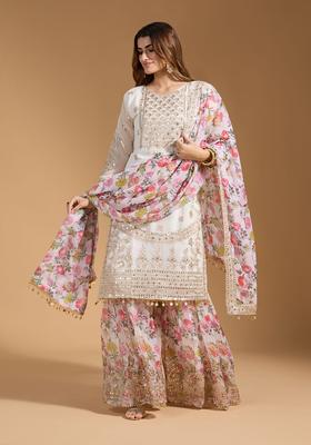 Black Floral Print Georgette Sharara Set