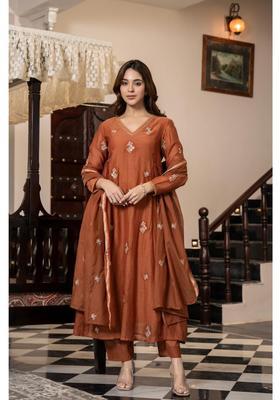 Brown Embroidery Rayon Anarkali Set