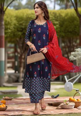 Deep Navy Blue Floral Print Rayon Kurta Set