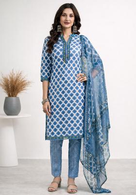 Blue Printed Polyester Kurta Set