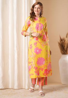 Bright Yellow Floral Print Rayon Kurta Set