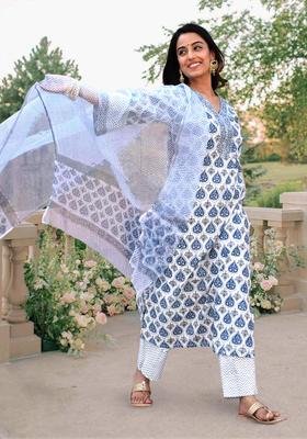 Blue Printed Cotton Kurta Set