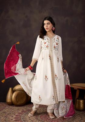 White Embroidery Silk Kurta Set