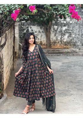 Green Floral Print Rayon Anarkali Set