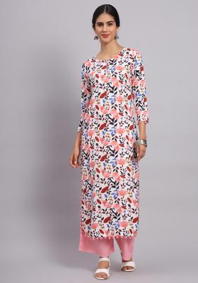 White Floral Print Rayon Kurta Set