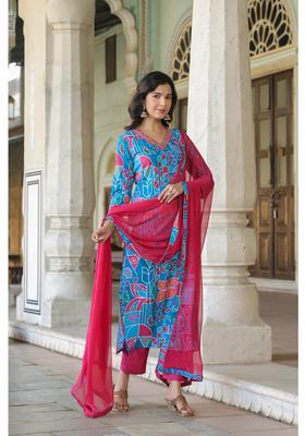 Aqua Blue Printed Rayon Kurta Set