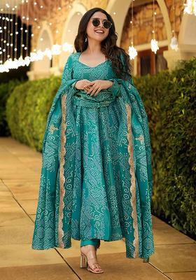 Teal Printed Muslin Anarkali Set