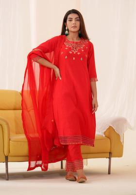 Red Embellished Silk Anarkali Set