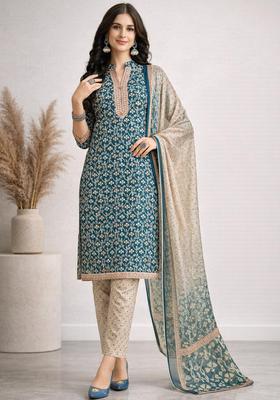 Blue Floral Print Polyester Kurta Set
