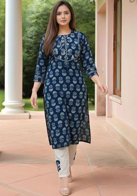 Navy Blue Floral Print Rayon Kurta Set
