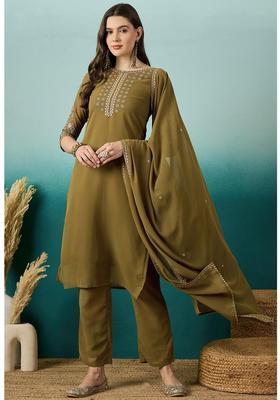 Olive Brown Embroidery Georgette Kurta Set
