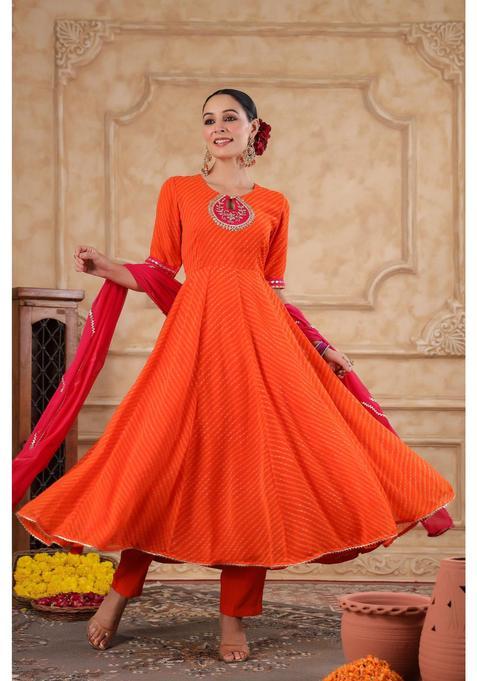 Orange Mirror Work Rayon Anarkali Set — view on Indya