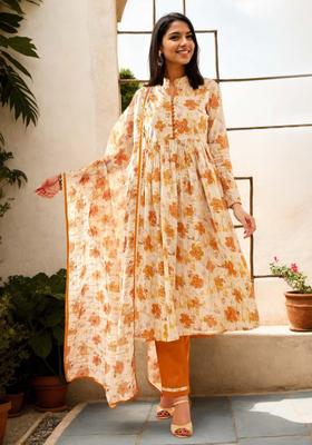 Brown Floral Print Cotton Kurta Set