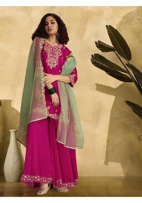 Rani Pink Embroidery Silk Sharara Set