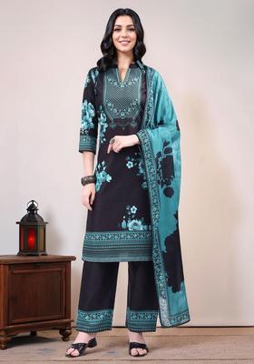 Deep Charcoal Black Floral Print Cotton Kurta Set