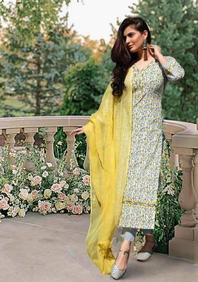 Mustard Yellow Printed Cotton Kurta Set