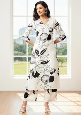 Off White Printed Rayon Kurta Set